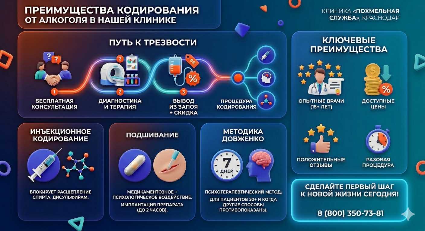 Инфографика о методах кодирования от алкоголя в Дагестанских Огнях: инъекции, подшивание, метод Довженко. Преимущества клиники и этапы лечения.