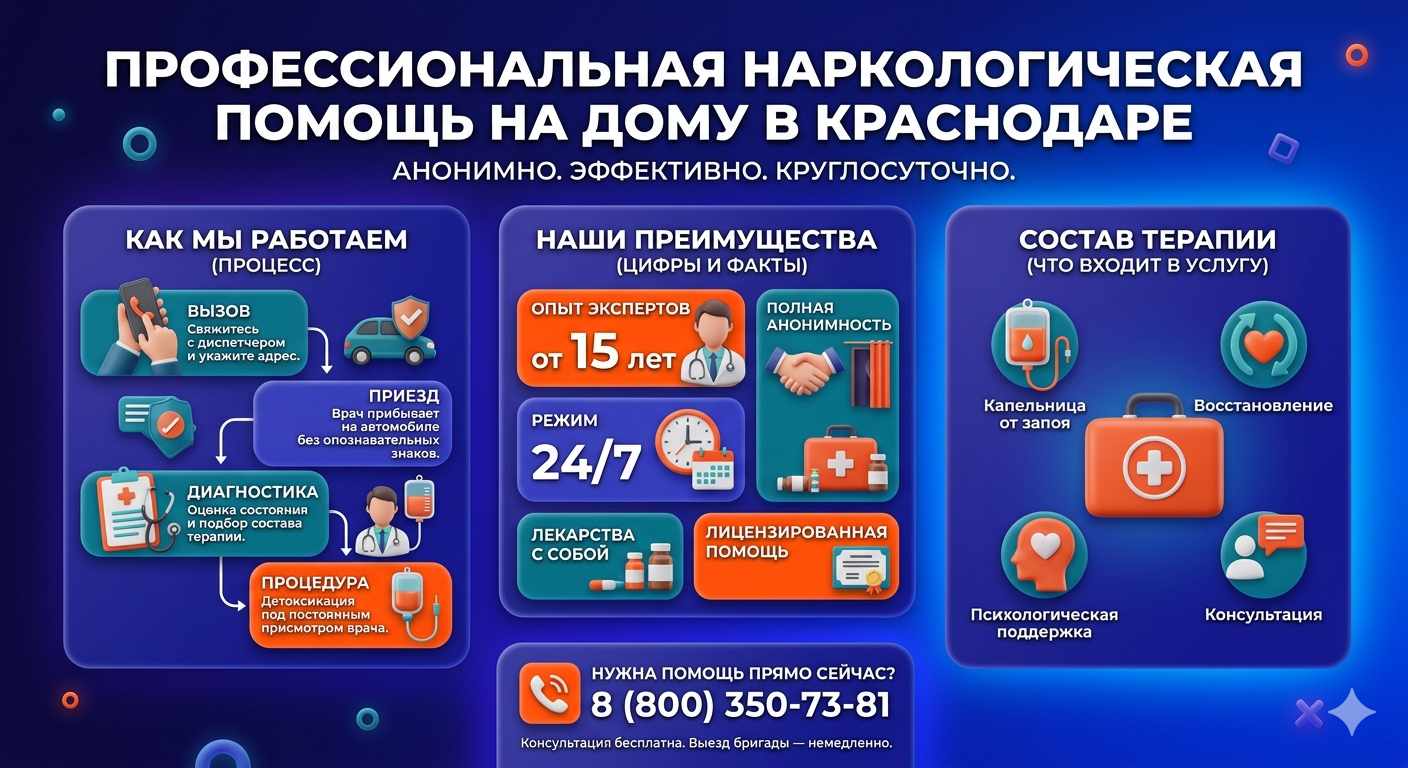 Инфографика о принципах лечения алкоголизма на дому в Дагестанских Огнях: этапы вызова нарколога, преимущества анонимной детоксикации и состав медицинской помощи.